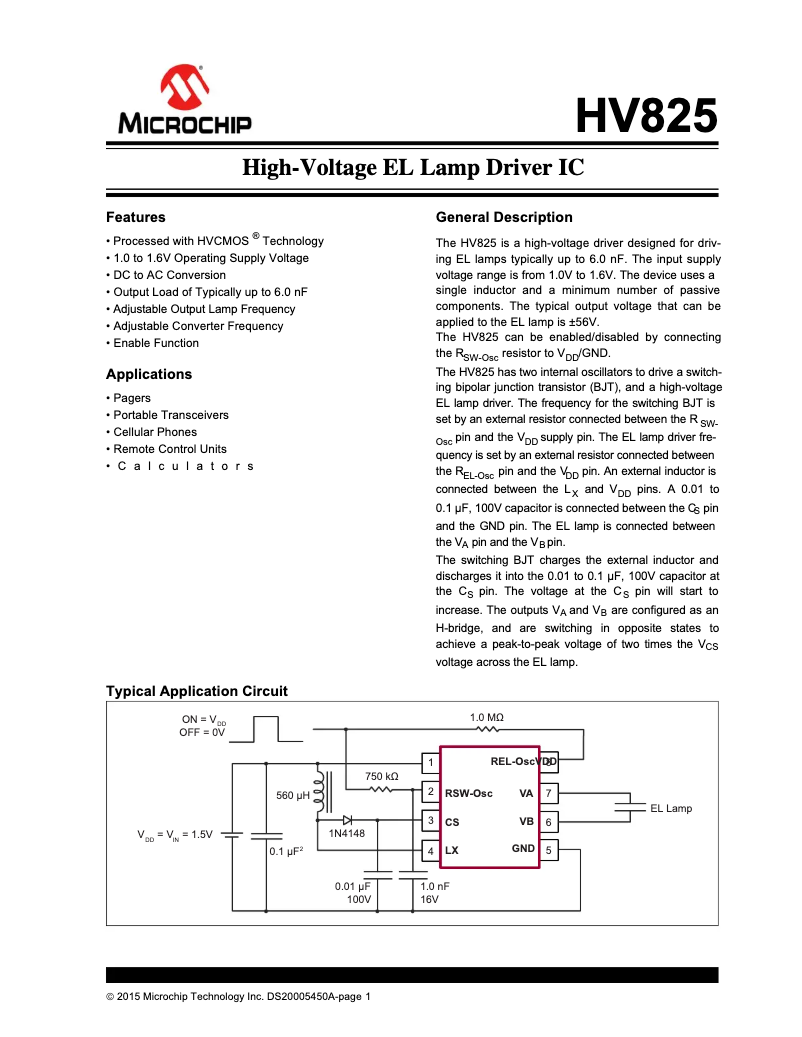 Página 1 del manual Ficha técnica Microchip HV825