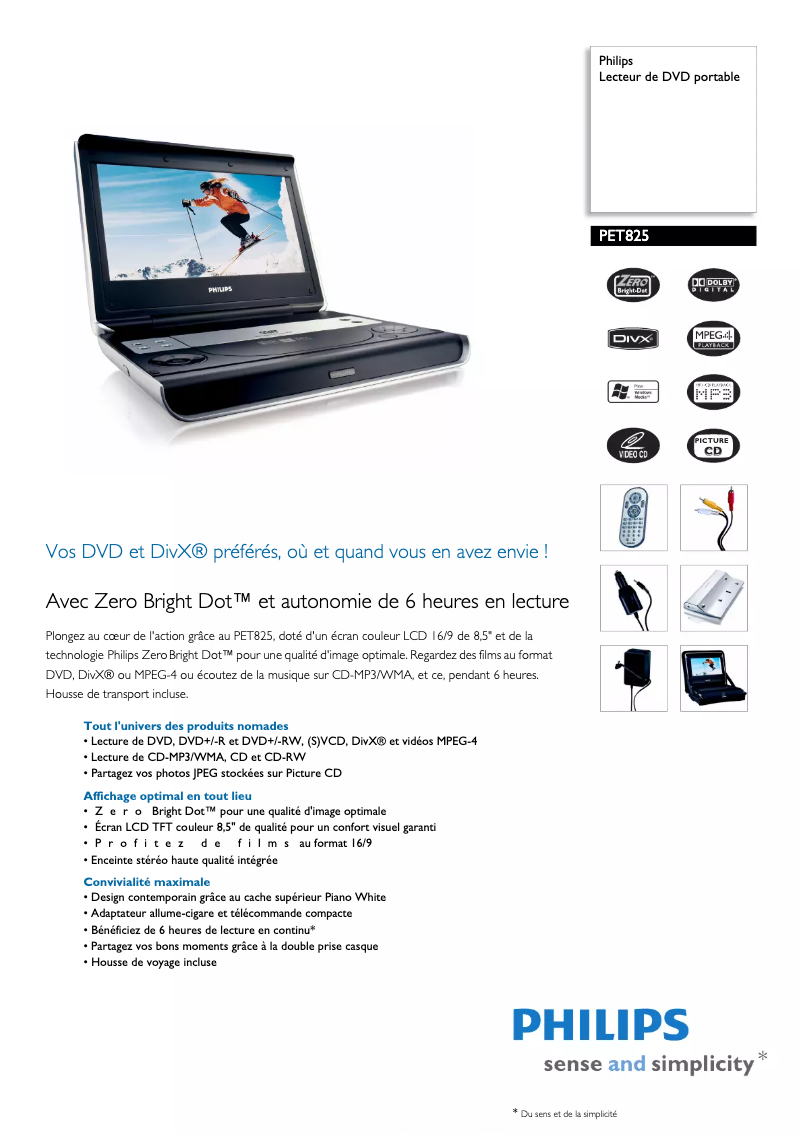 Página 1 del manual Ficha técnica Philips PET825