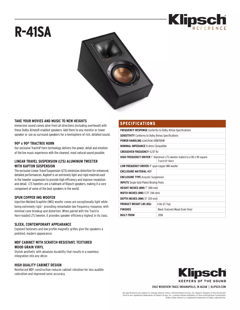 Page 1 de la notice Fiche technique Klipsch Reference R-41-SA