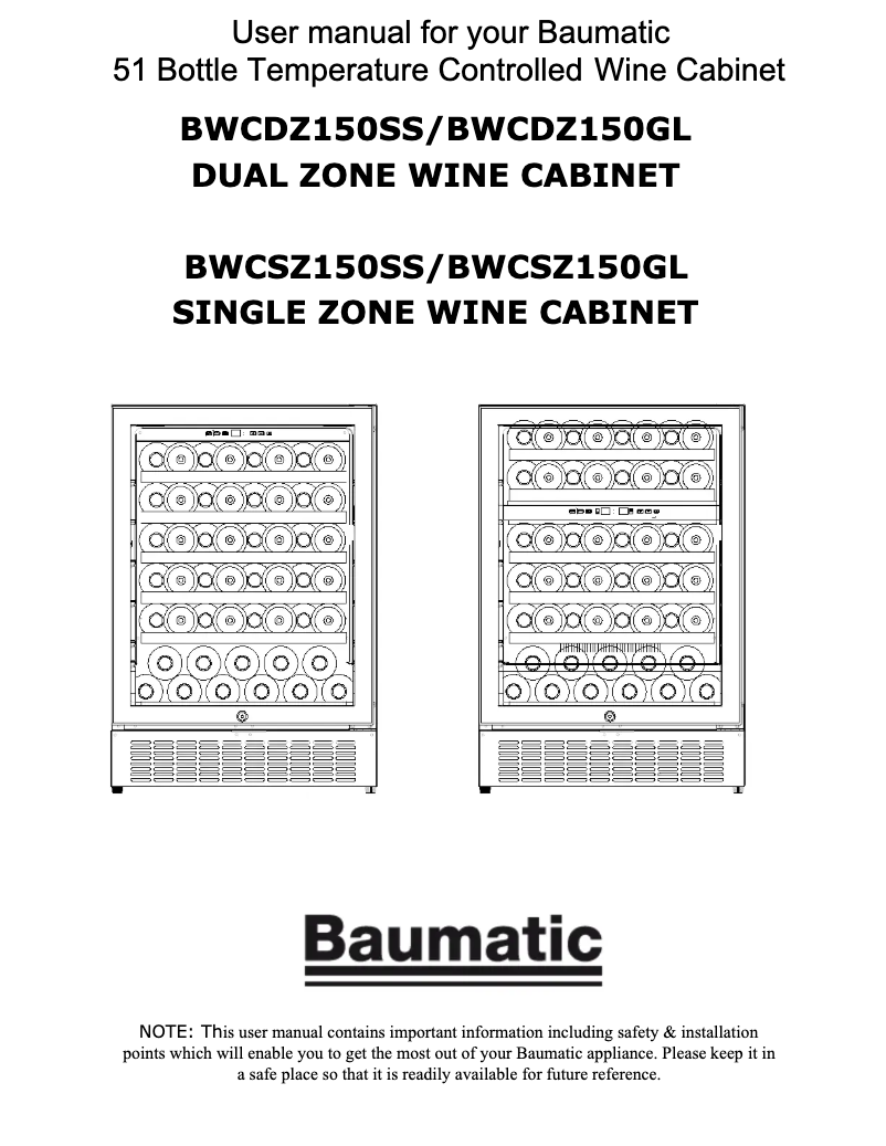 Page 1 de la notice Manuel utilisateur Baumatic BWCDZ150GL