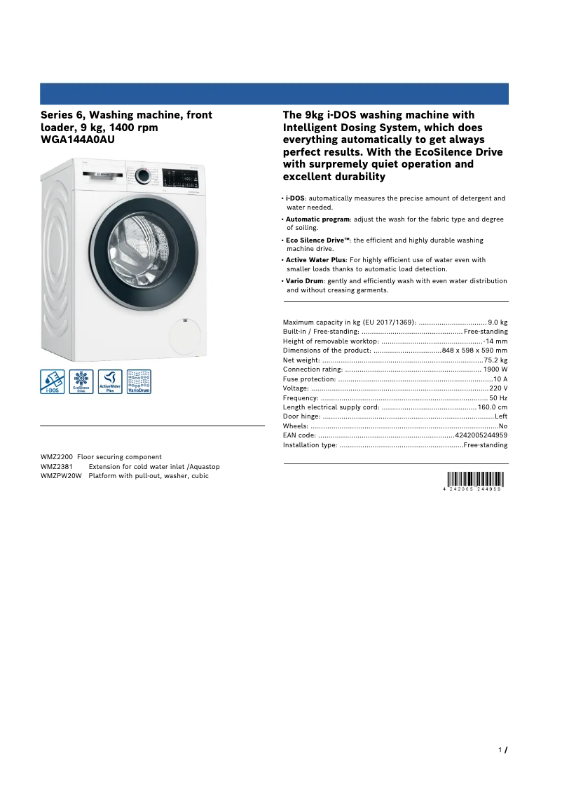 Página 1 del manual Ficha técnica Bosch WGA144A0AU