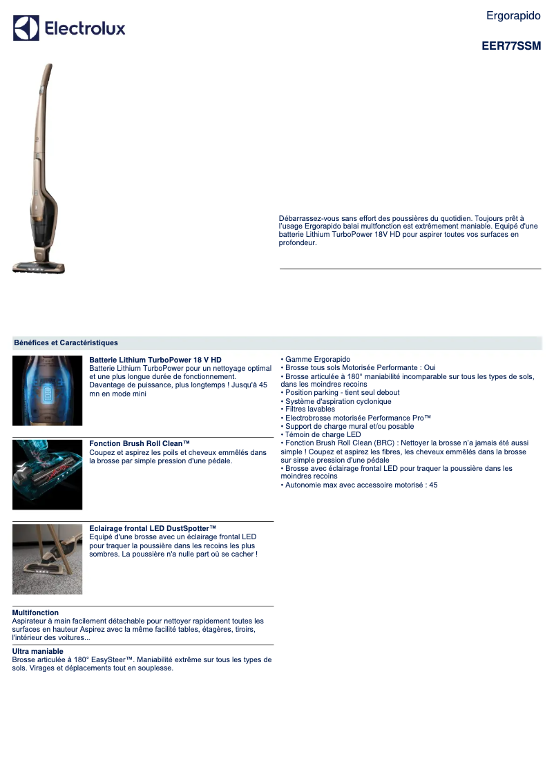Page 1 de la notice Fiche technique Electrolux ErgoRapido EER77SSM