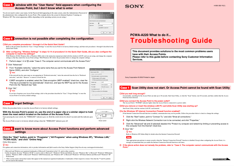 Page 1 de la notice Manuel utilisateur Sony PCWA-A220