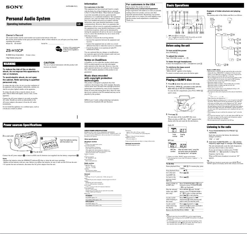 Page 1 de la notice Manuel utilisateur Sony ZS-H10CP