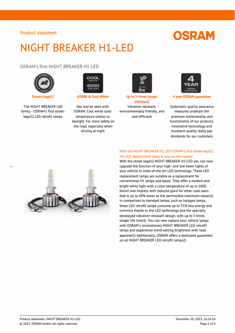 Page 1 de la notice Fiche technique Osram NIGHT BREAKER H1-LED