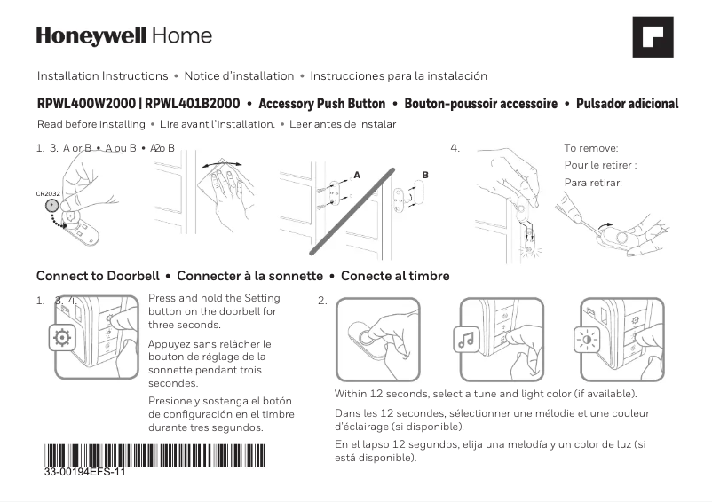 Page 1 de la notice Guide d'installation Honeywell RPWL400W2000