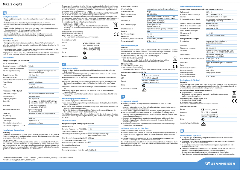 Page 1 de la notice Fiche technique Sennheiser MKE 2 digital