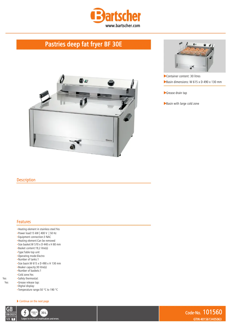 Page 1 de la notice Fiche technique Bartscher BF 30E