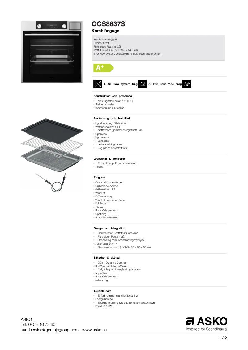 Page 1 de la notice Fiche technique Asko OCS8637S