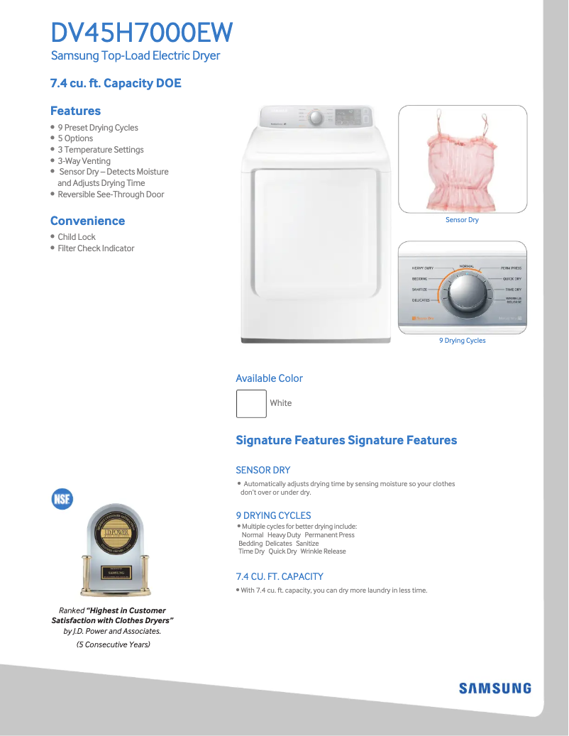 Page 1 de la notice Fiche technique Samsung DV45H7000E