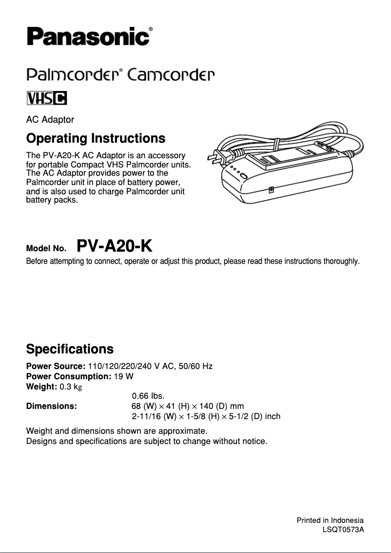 Page 1 de la notice Manuel utilisateur Panasonic PV-A20