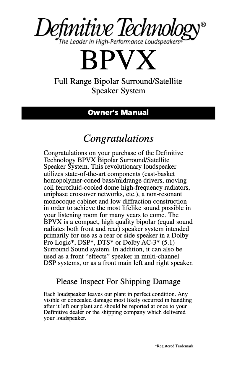 Page 1 de la notice Manuel utilisateur Definitive Technology BPVX