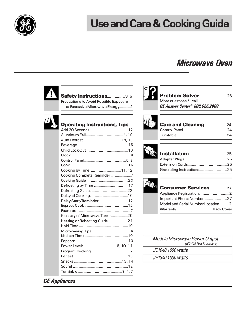 Page 1 de la notice Manuel d'utilisation et d'entretien GE JE1040WY
