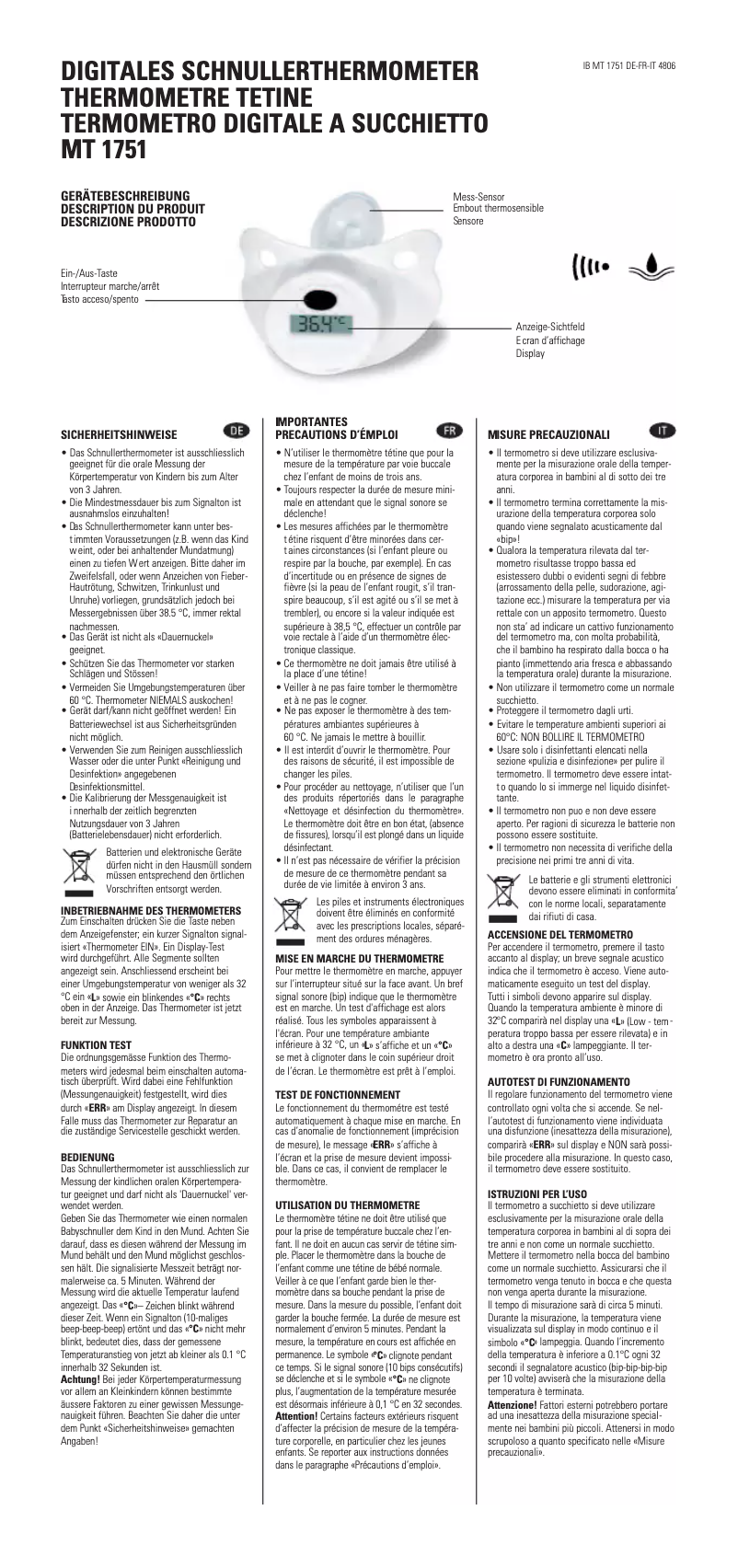 Page 1 de la notice Manuel utilisateur Microlife MT 1751