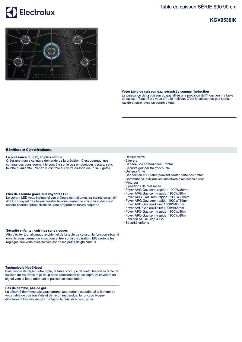 Page 1 de la notice Fiche technique Electrolux KGV9539IK