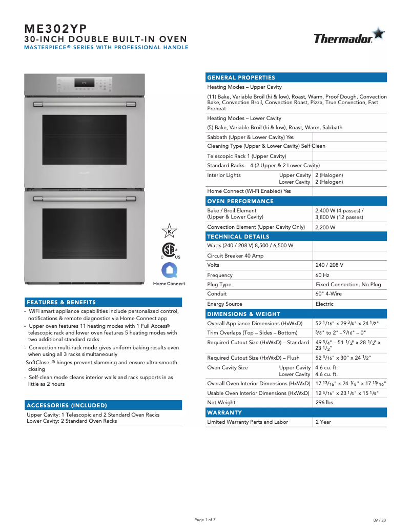 Page 1 de la notice Fiche technique Thermador ME302YP