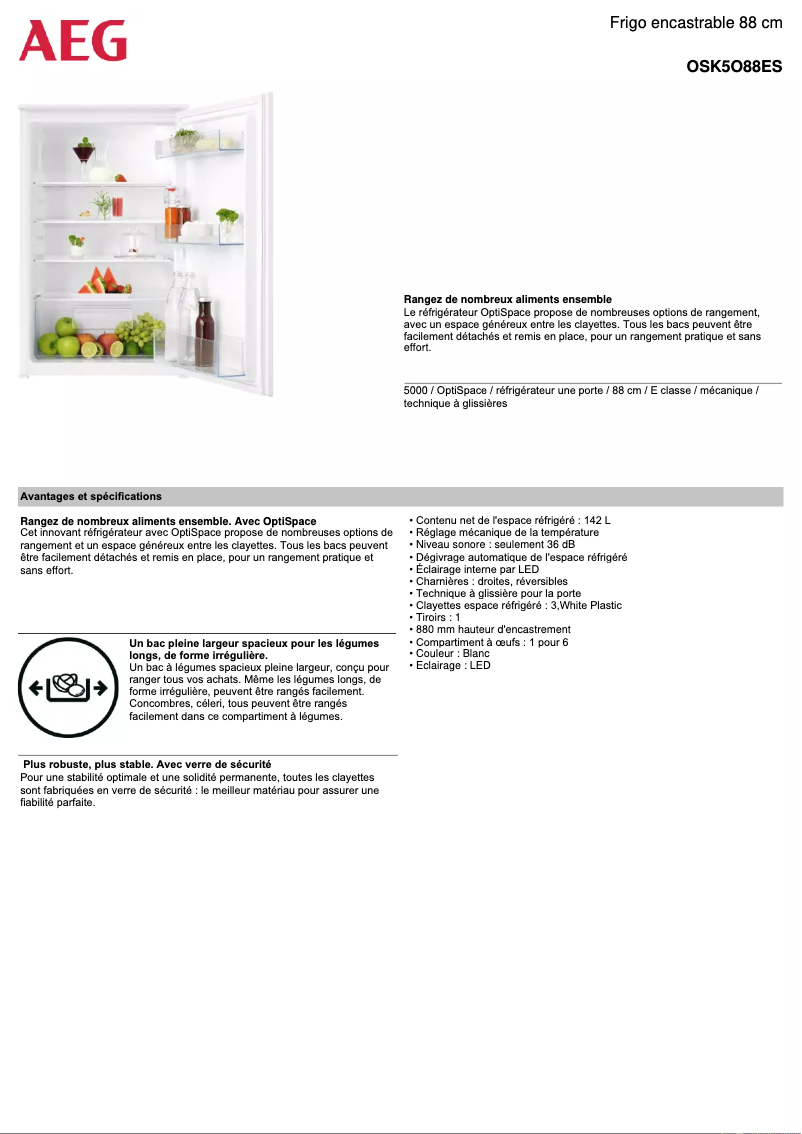 Page 1 de la notice Fiche technique AEG OSK5O88ES