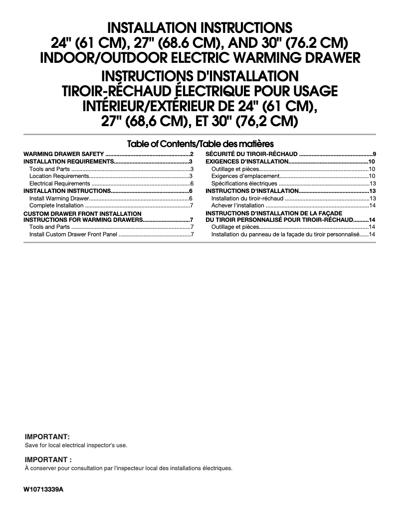 Page 1 de la notice Guide d'installation KitchenAid KOWT107ESS
