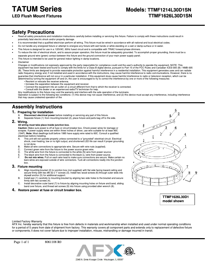 Page n°1 - Manuel utilisateur AFX Tatum TTMF1214L30D1SN