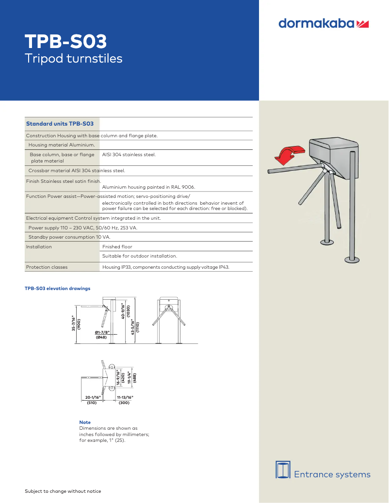Page 1 de la notice Manuel utilisateur Dormakaba TPB-S03