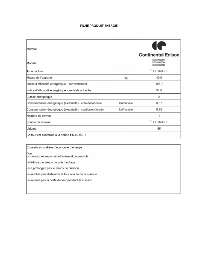Page n°1 - Label énergétique Continental Edison CECM6065S