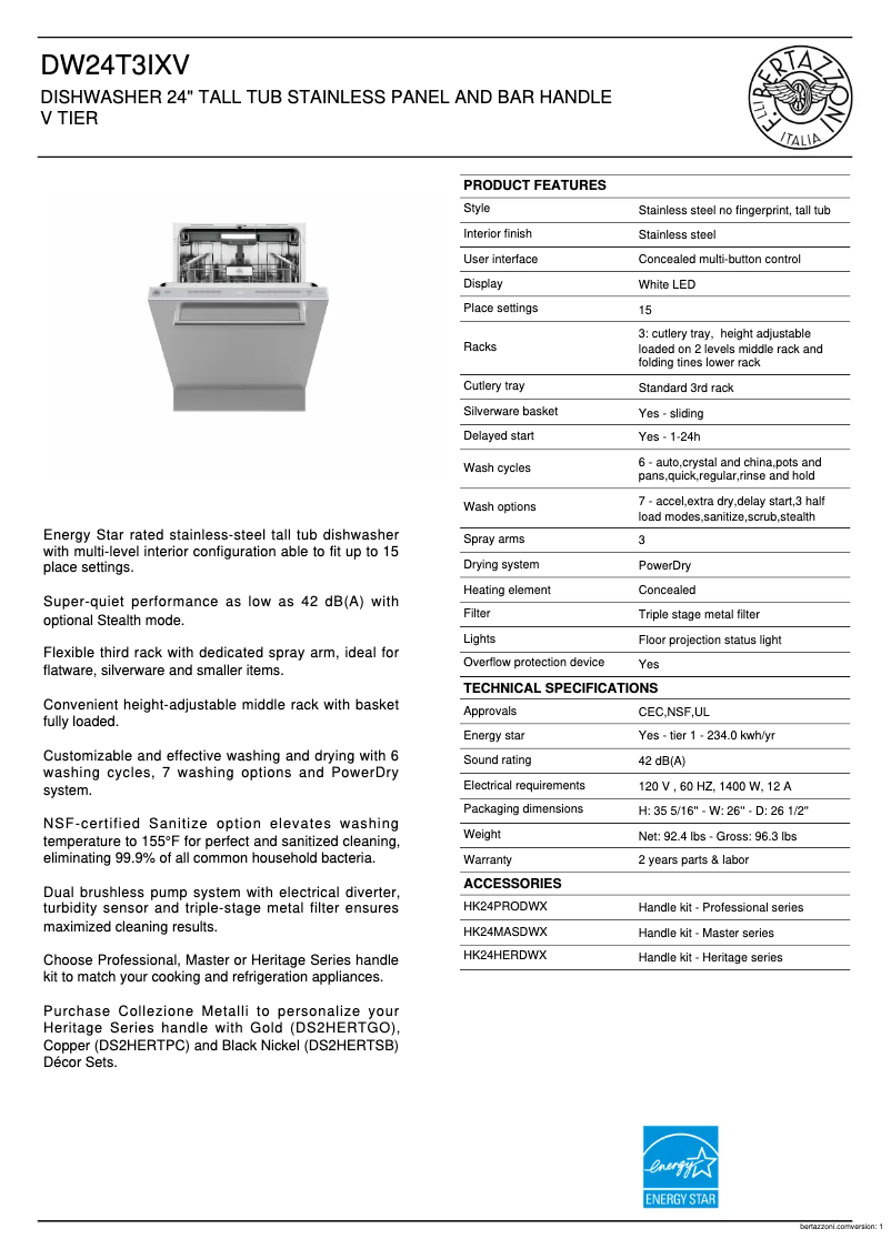 Page n°1 - Fiche technique Bertazzoni DW24T3IXV