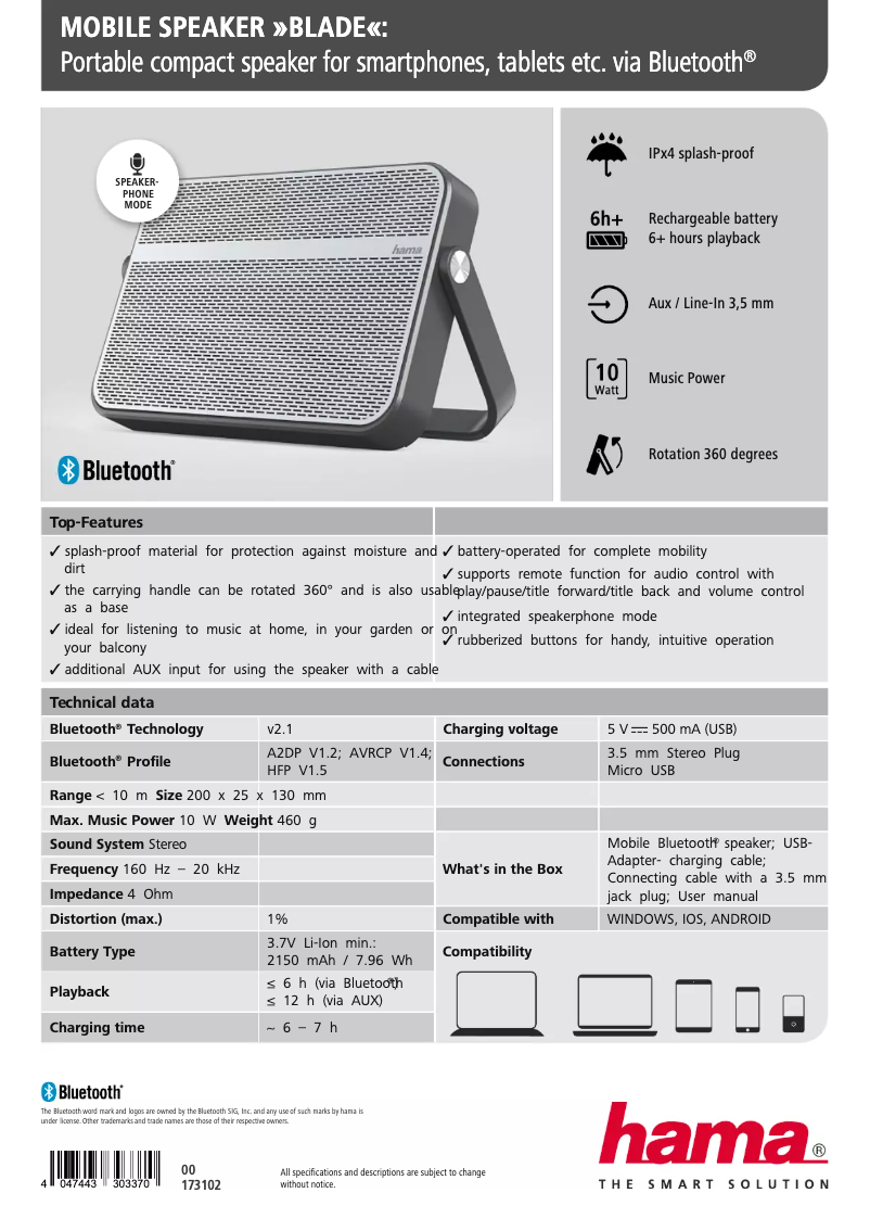 Page 1 de la notice Fiche technique Hama Blade