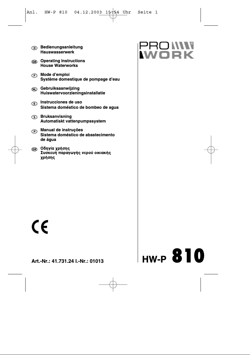 Page 1 de la notice Manuel utilisateur Prowork HW-P 810