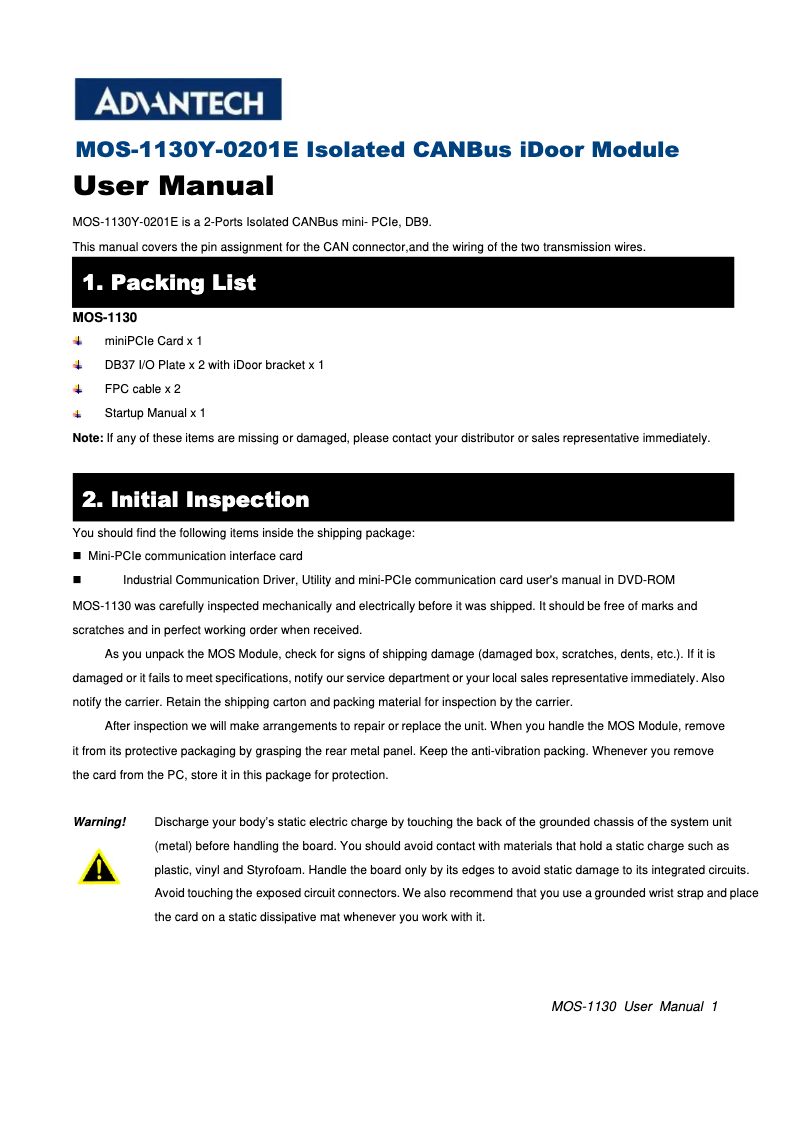 Page 1 de la notice Manuel utilisateur Advantech MOS-1130Y-0201E