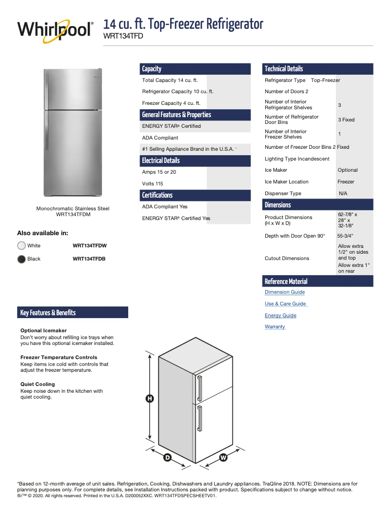 Page 1 de la notice Fiche technique Whirlpool WRT134TFDM