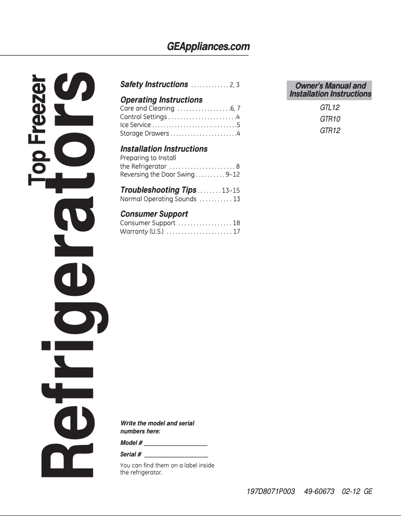 Page n°1 - Guide d'installation GE GTL12HBXRBS