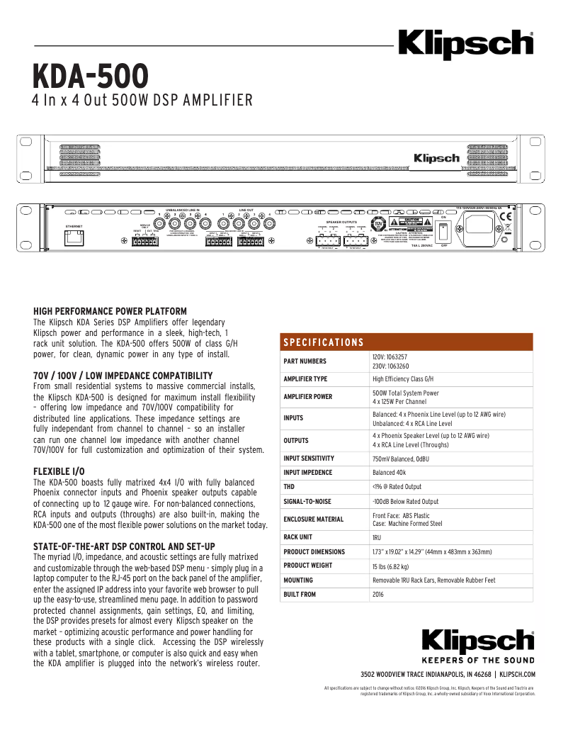 Page n°1 - Fiche technique Klipsch KDA-1000