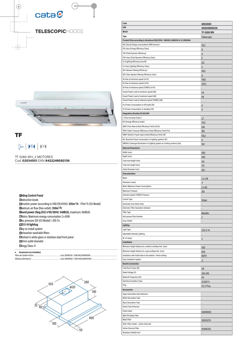 Page 1 de la notice Fiche technique CATA TF 5260 WH