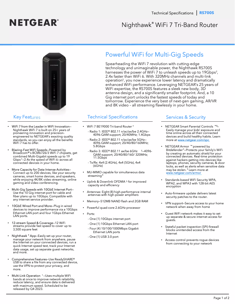 Image de la première page du manuel de l'appareil Nighthawk RS700S