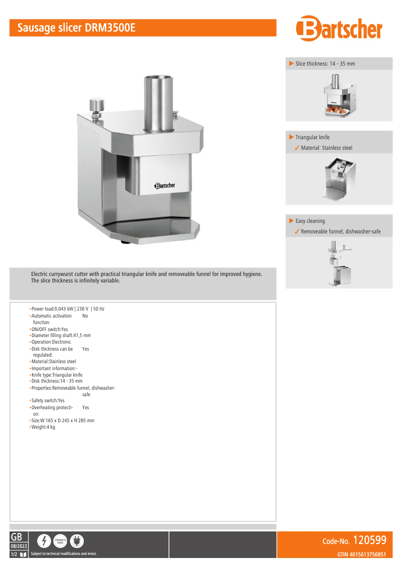 Page 1 de la notice Fiche technique Bartscher DRM3500E