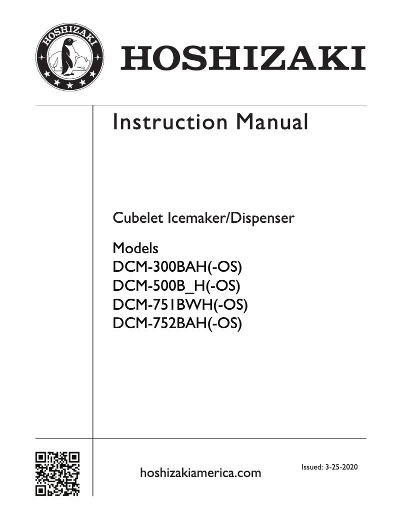 Page 1 de la notice Guide d'installation Hoshizaki DCM-751BAH