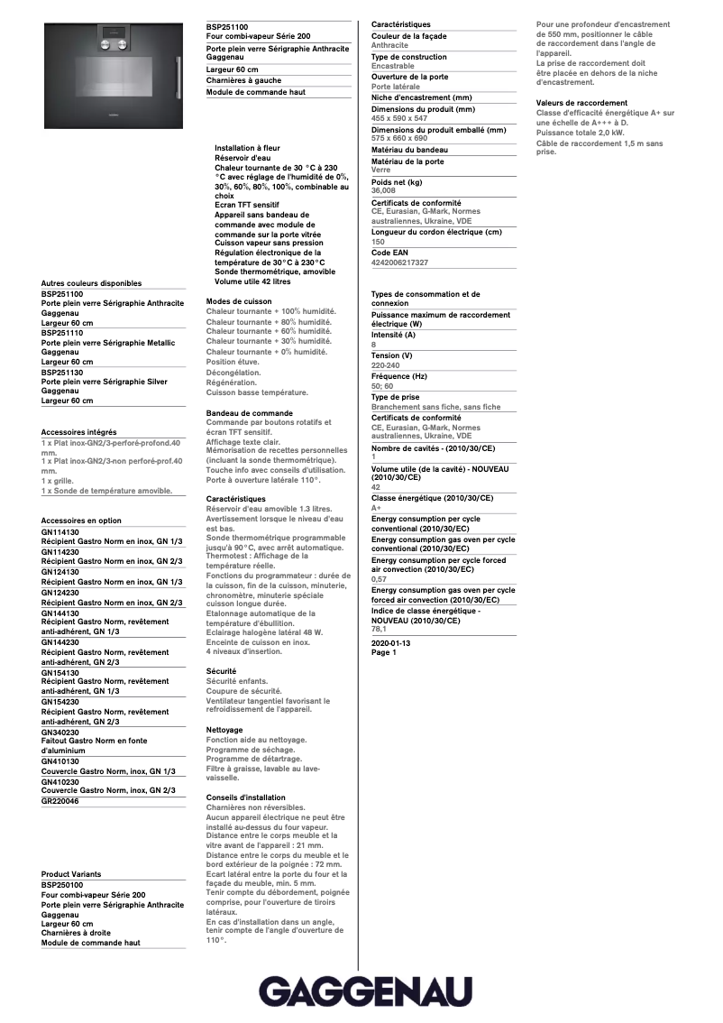 Page 1 de la notice Fiche technique Gaggenau BSP251100