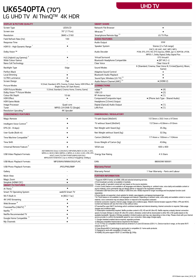 Page 1 de la notice Fiche technique LG 70UK6540PTA