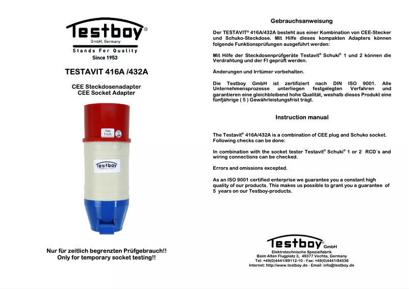 Page 1 de la notice Manuel utilisateur Testboy TESTAVIT 432A