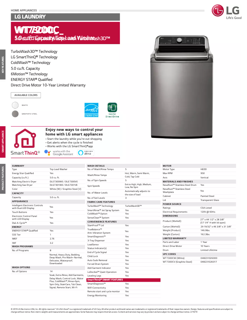 Page 1 de la notice Fiche technique LG WT7300CW