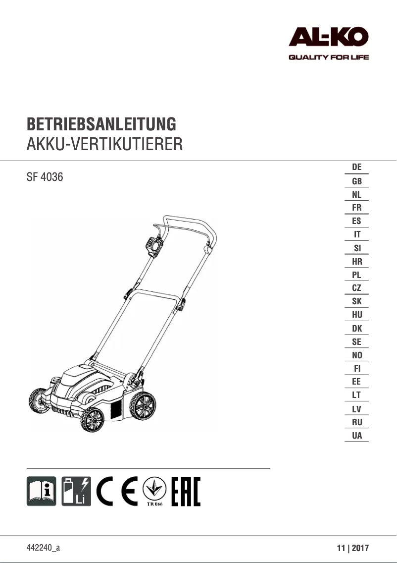 Page 1 de la notice Manuel utilisateur AL-KO SF 4036