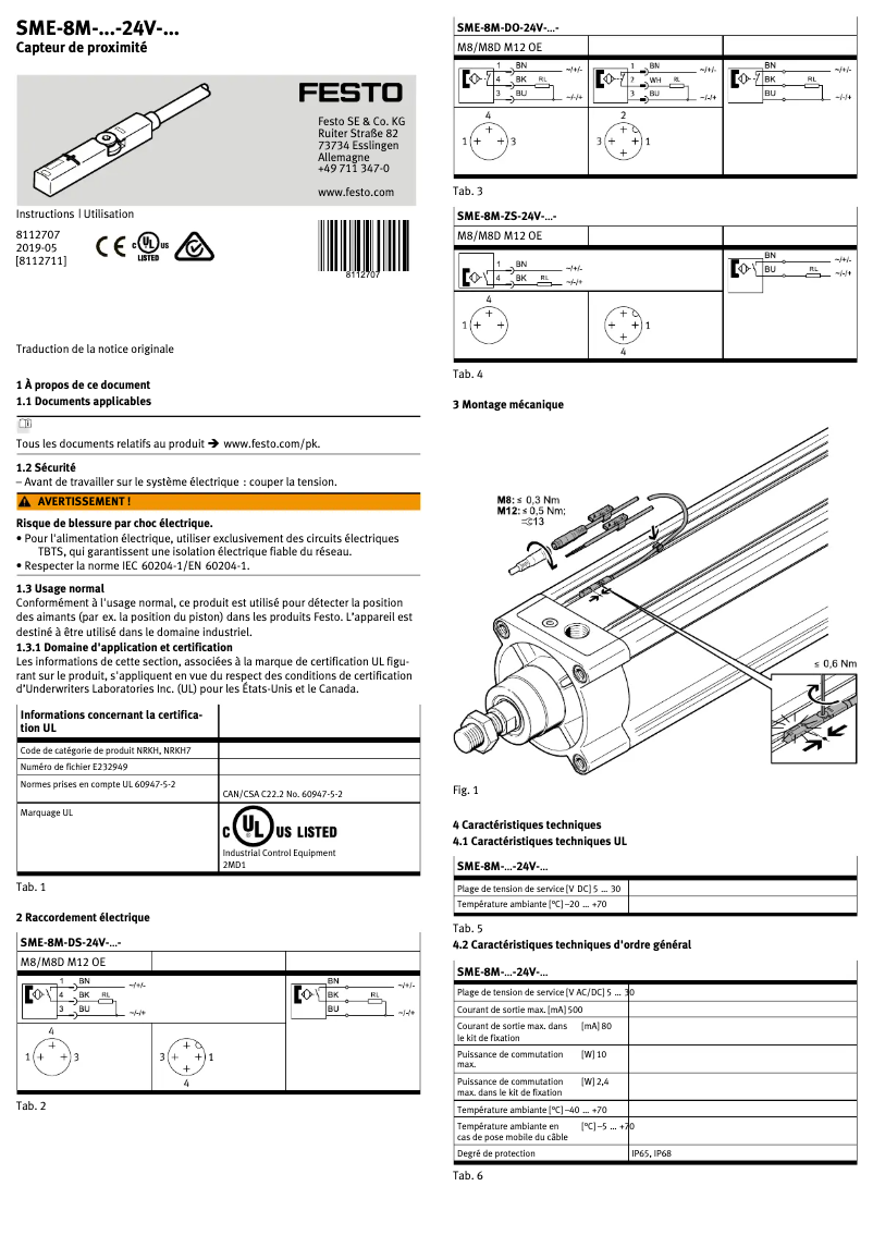 Page 1 de la notice Manuel utilisateur Festo SME-8M-ZS-24V-K-2,5-OE