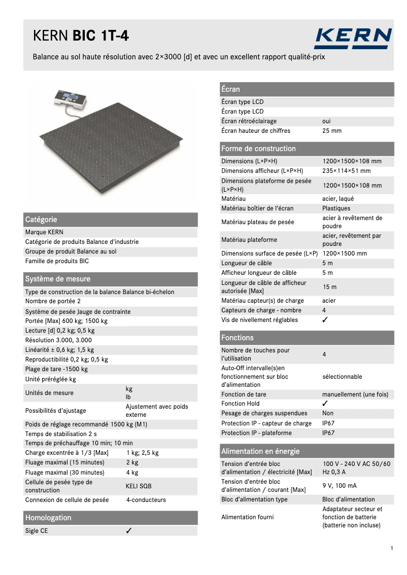 Page n°1 - Fiche technique Kern BIC 1T-4