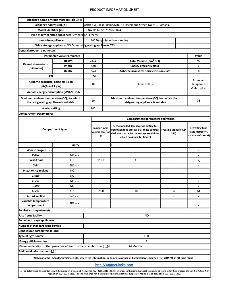Page 1 de la notice Fiche technique Beko RCNA305K40SN