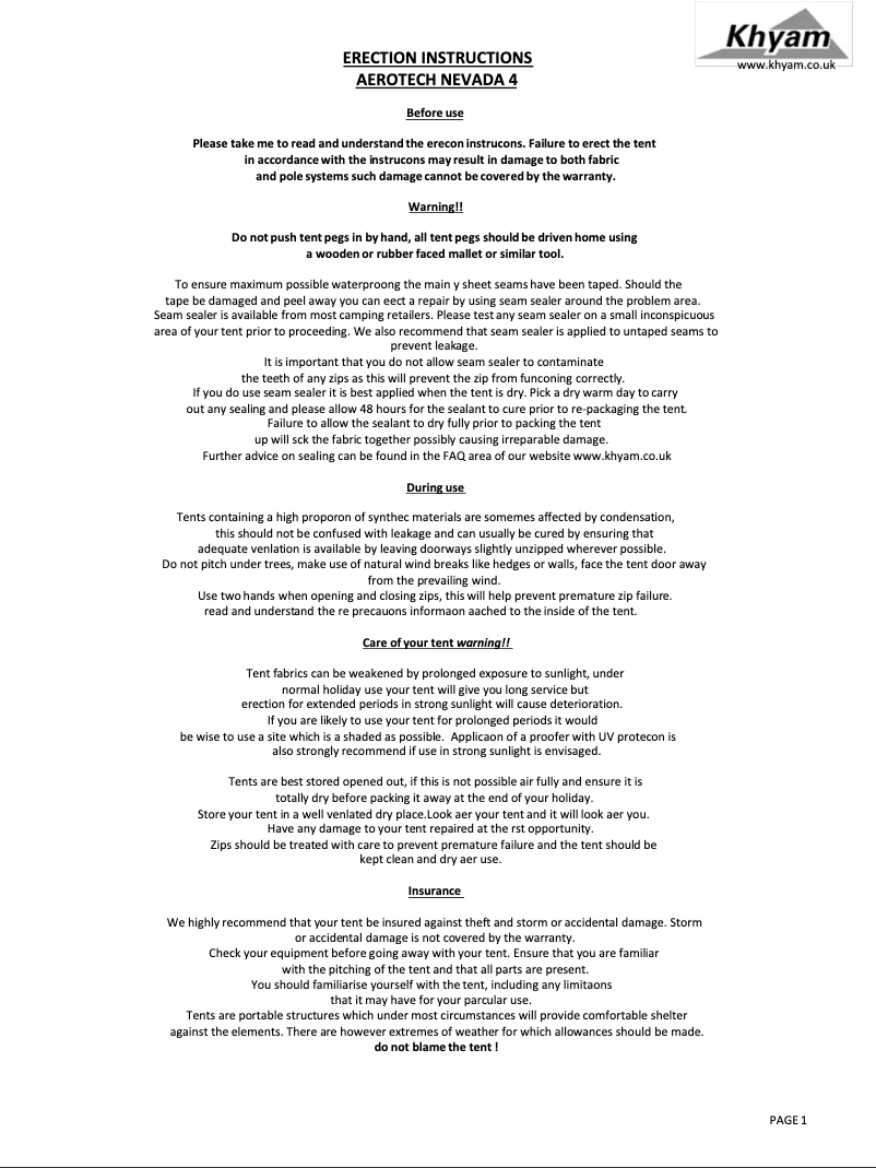 Page n°1 - Manuel utilisateur Khyam Aerotech Nevada 4