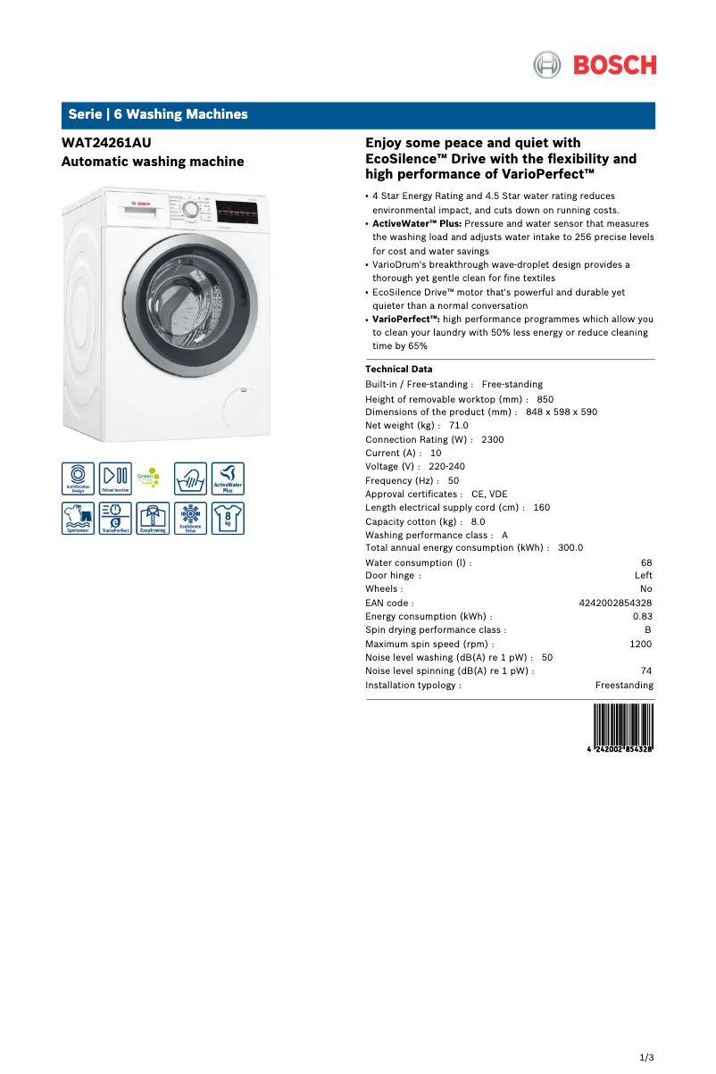 Page 1 of the manual Technical Sheet Bosch WAT24261AU