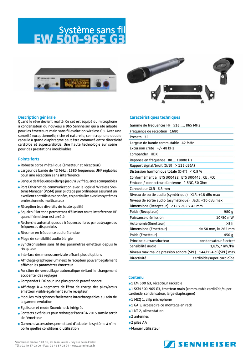 Page 1 de la notice Fiche technique Sennheiser EW 500-965 G3