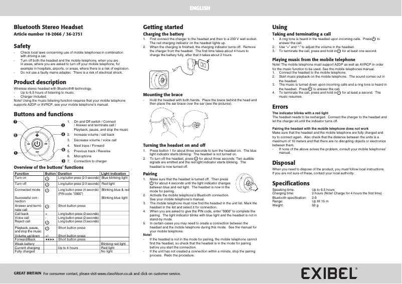 Page 1 de la notice Manuel utilisateur Exibel 36-2751