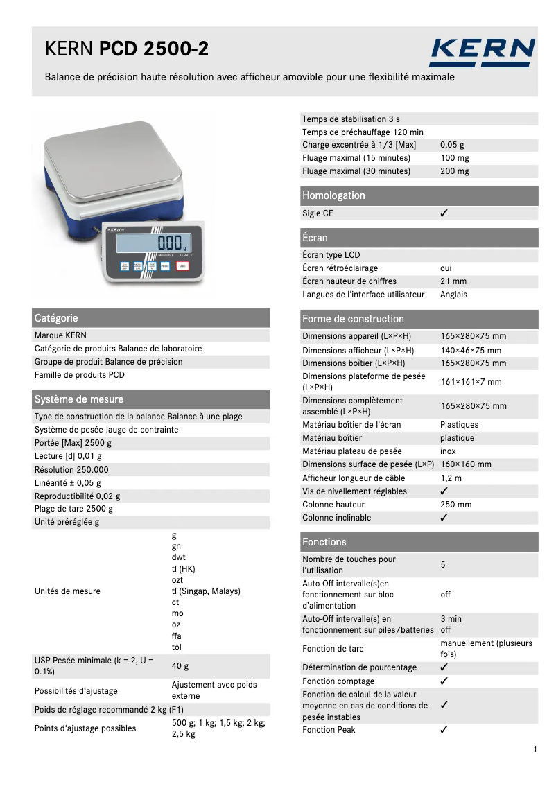 Page 1 de la notice Fiche technique Kern PCD 2500-2