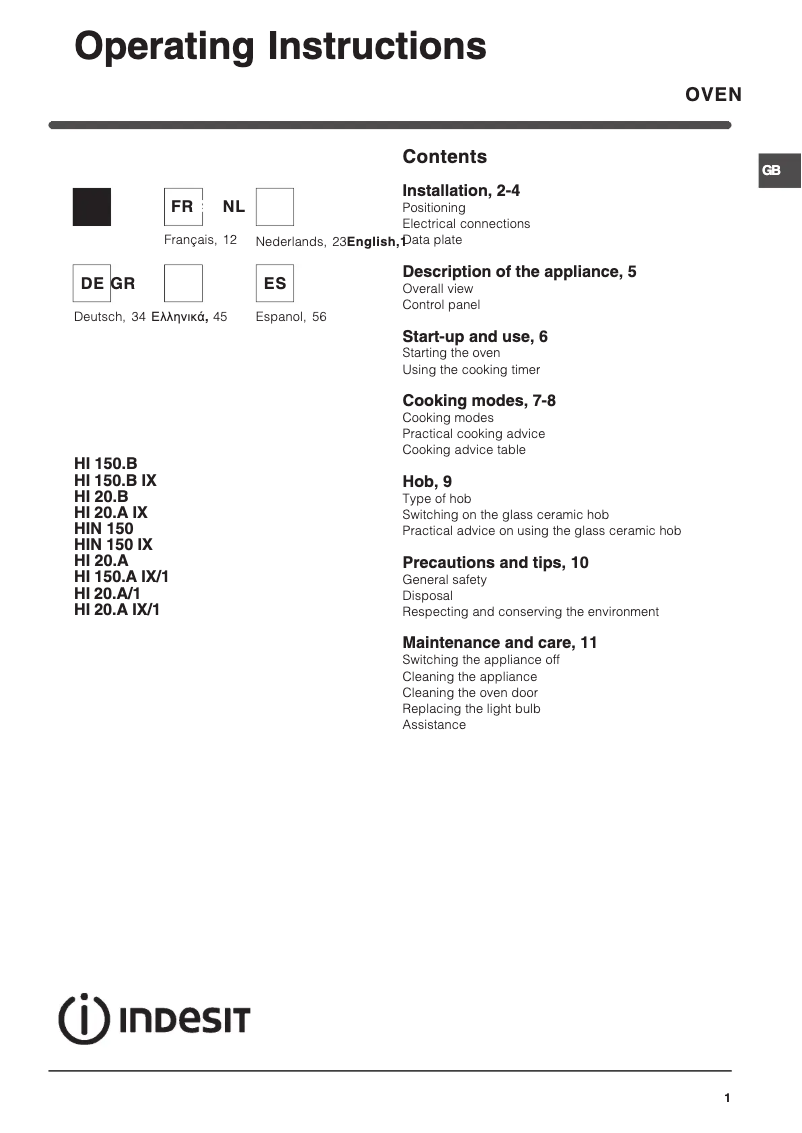 Page 1 de la notice Manuel utilisateur Indesit HI 150.A IX/1